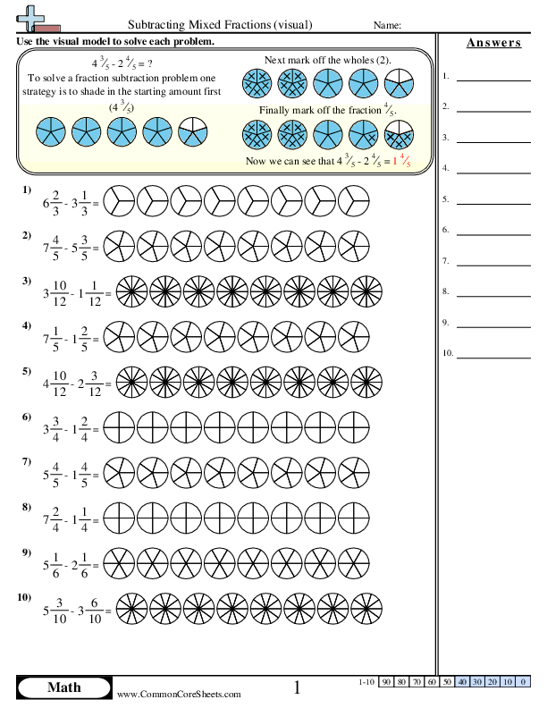 Subtracting Mixed Fractions (Visual) worksheet